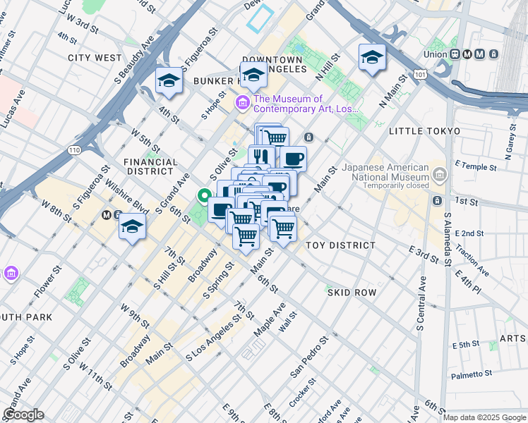 map of restaurants, bars, coffee shops, grocery stores, and more near 433 South Spring Street in Los Angeles