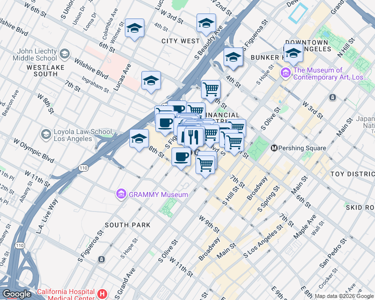 map of restaurants, bars, coffee shops, grocery stores, and more near in Los Angeles