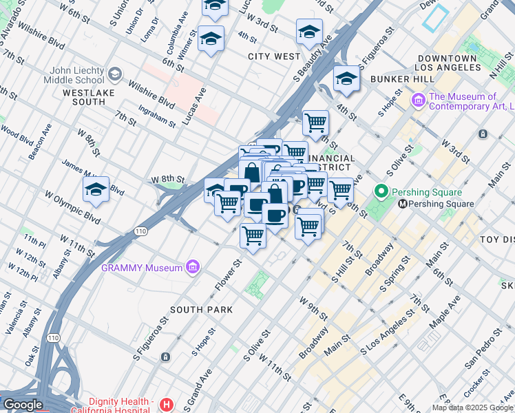 map of restaurants, bars, coffee shops, grocery stores, and more near 700 West 7th Street in Los Angeles