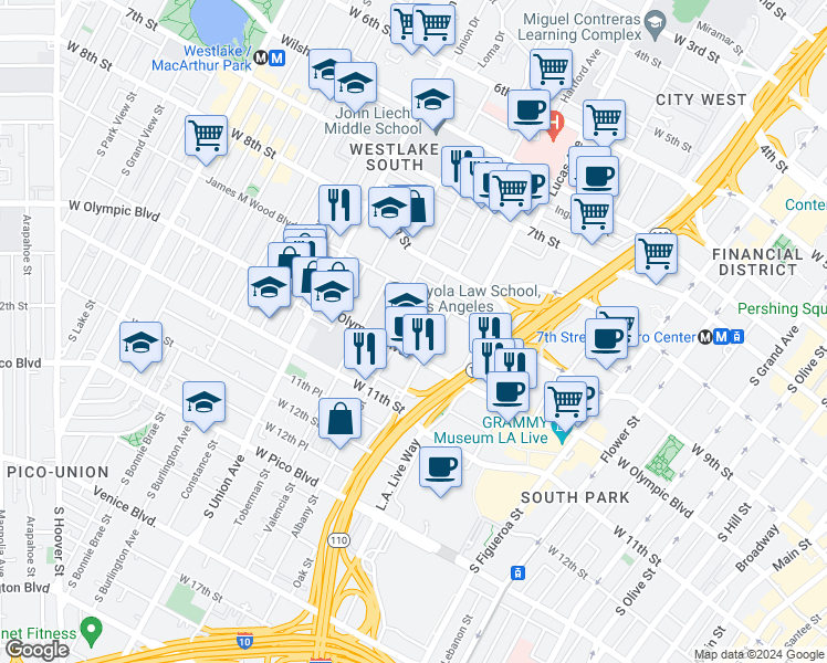 map of restaurants, bars, coffee shops, grocery stores, and more near in Los Angeles