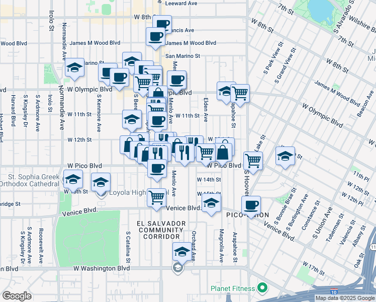 map of restaurants, bars, coffee shops, grocery stores, and more near 1220 Menlo Avenue in Los Angeles