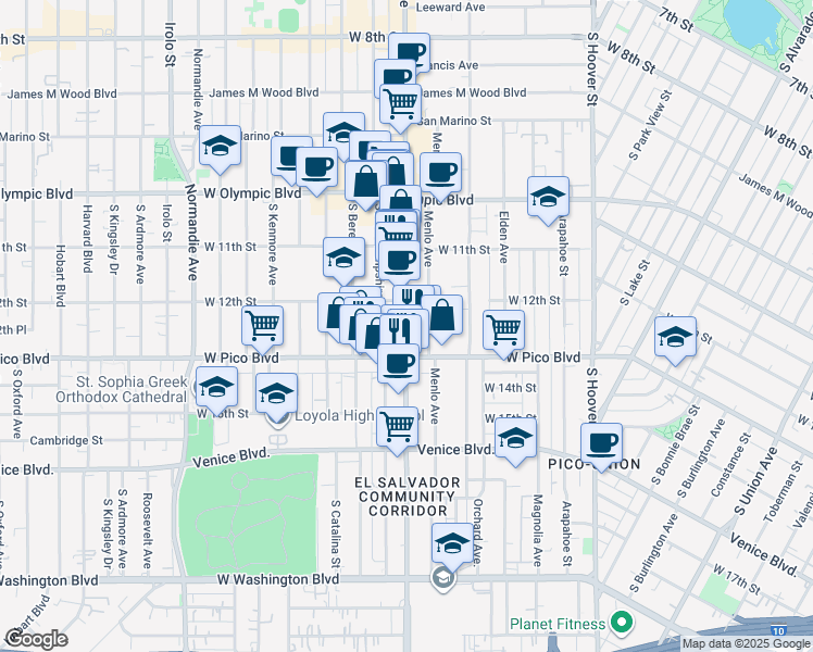 map of restaurants, bars, coffee shops, grocery stores, and more near 1232 Vermont Avenue in Los Angeles
