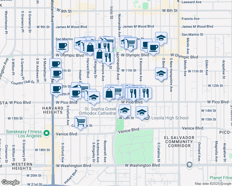 map of restaurants, bars, coffee shops, grocery stores, and more near 1214 Irolo Street in Los Angeles
