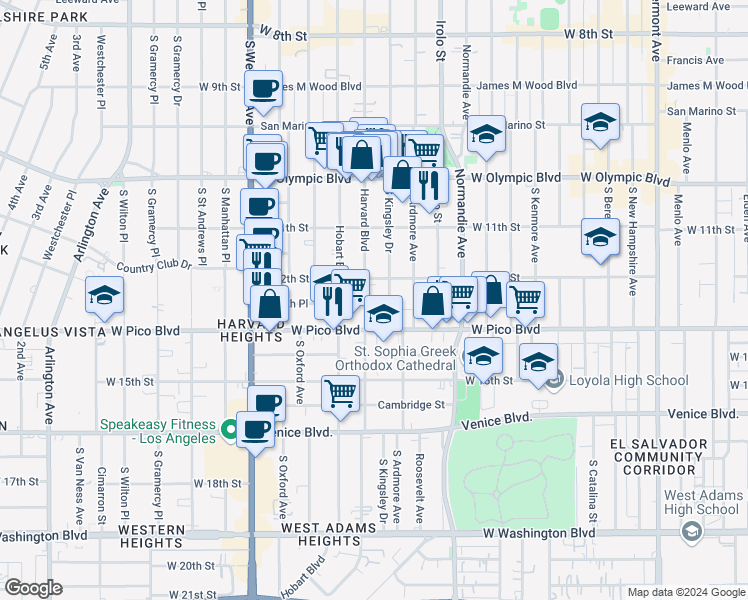 map of restaurants, bars, coffee shops, grocery stores, and more near 1219 South Kingsley Drive in Los Angeles