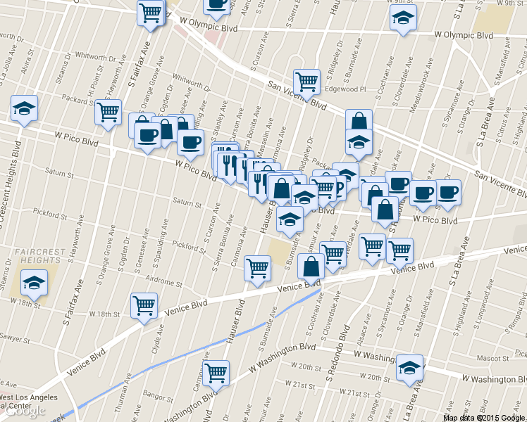 map of restaurants, bars, coffee shops, grocery stores, and more near 5508 West Pico Boulevard in Los Angeles