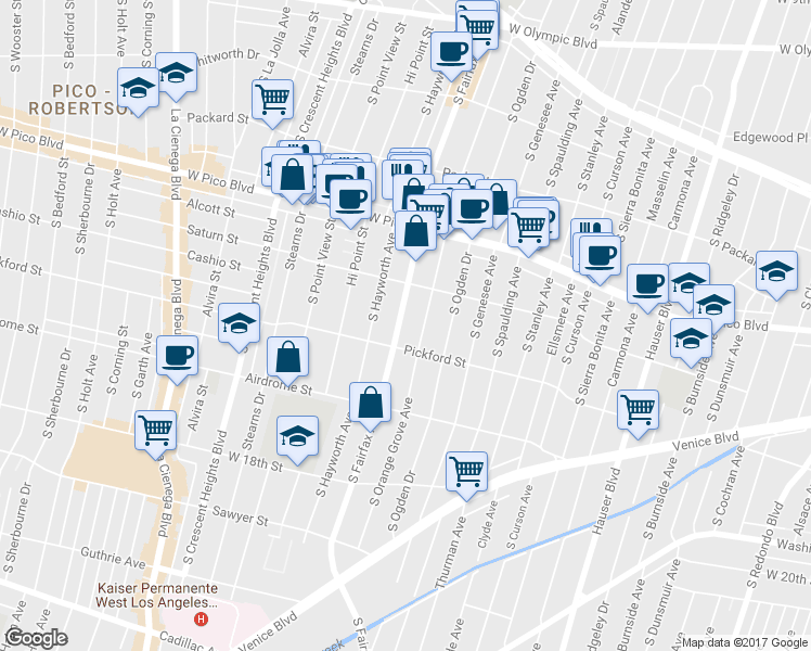 map of restaurants, bars, coffee shops, grocery stores, and more near 1537 South Orange Grove Avenue in Los Angeles
