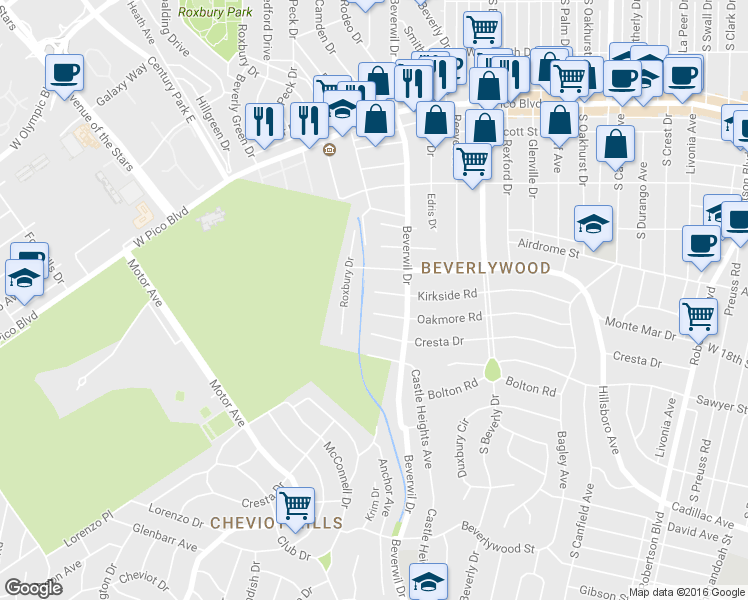 map of restaurants, bars, coffee shops, grocery stores, and more near 9718 Kirkside Road in Los Angeles