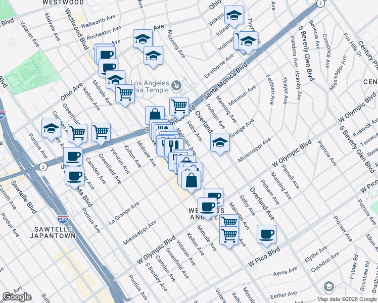 map of restaurants, bars, coffee shops, grocery stores, and more near 1940 Malcolm Avenue in Los Angeles