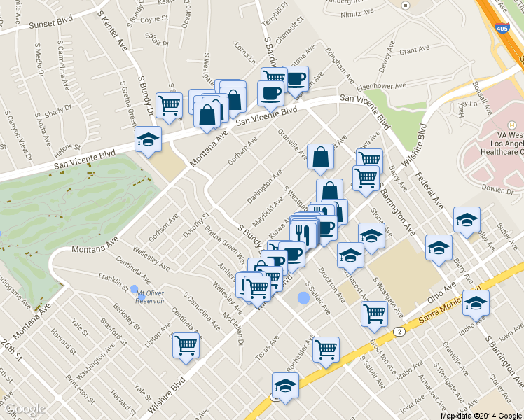 map of restaurants, bars, coffee shops, grocery stores, and more near 11956 Darlington Avenue in Los Angeles