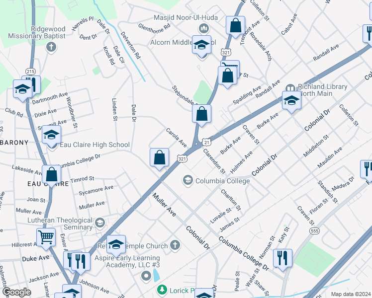 map of restaurants, bars, coffee shops, grocery stores, and more near 1106 Carola Avenue in Columbia