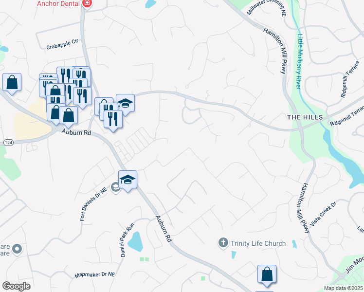 map of restaurants, bars, coffee shops, grocery stores, and more near 1665 Windsong Park Drive Northeast in Dacula