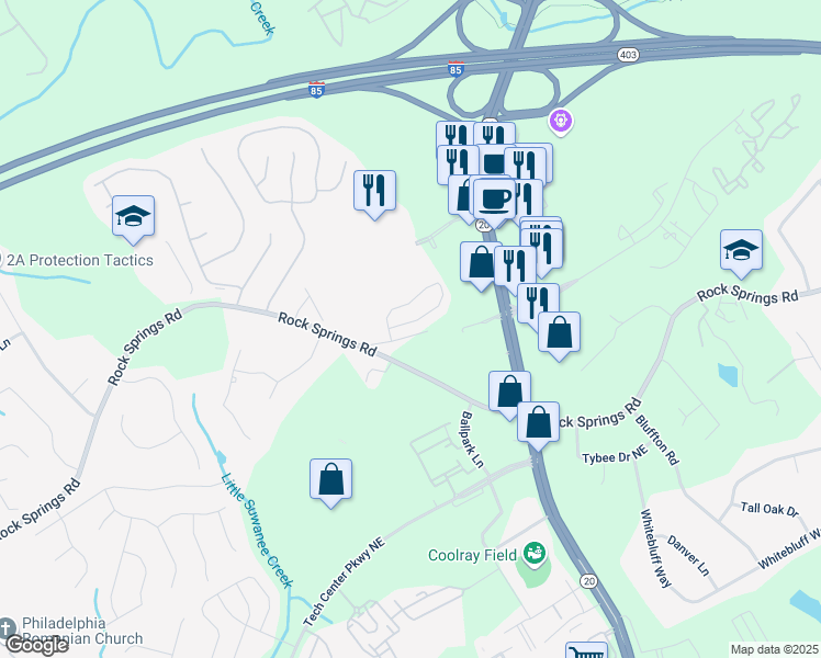 map of restaurants, bars, coffee shops, grocery stores, and more near 1147 Laurel Valley Court in Buford