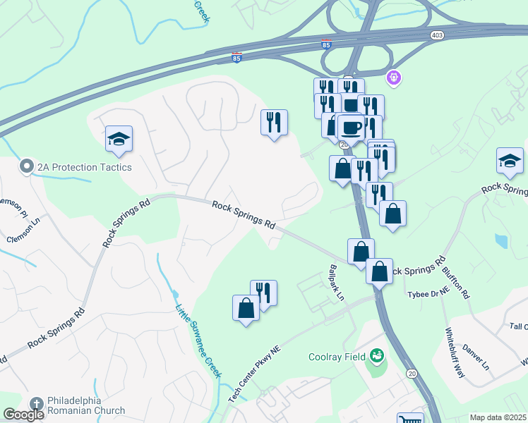 map of restaurants, bars, coffee shops, grocery stores, and more near 1096 Rock Springs Road in Lawrenceville