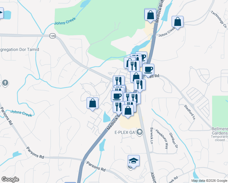 map of restaurants, bars, coffee shops, grocery stores, and more near 6091 Joybrook Road in Duluth