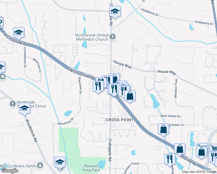 map of restaurants, bars, coffee shops, grocery stores, and more near 11000 Crabapple Road in Roswell
