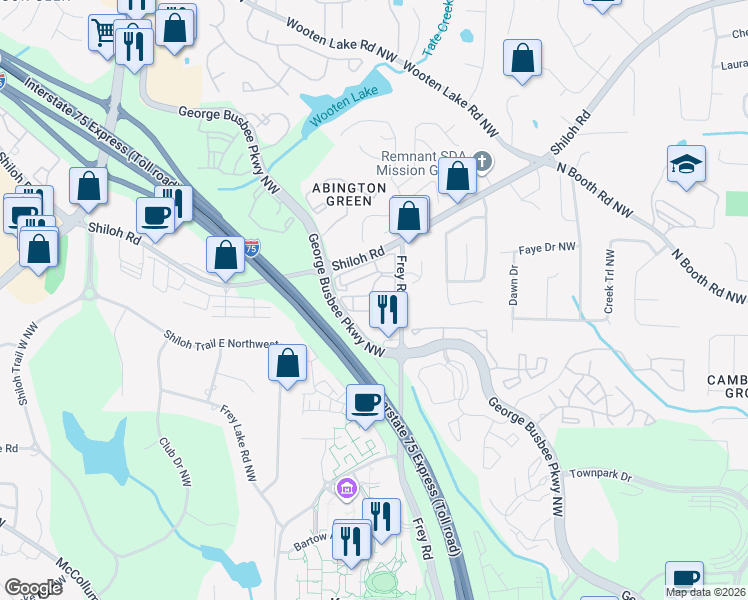 map of restaurants, bars, coffee shops, grocery stores, and more near 3995 Frey Road in Kennesaw