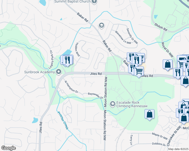 map of restaurants, bars, coffee shops, grocery stores, and more near 3989 Paloverde Drive in Kennesaw