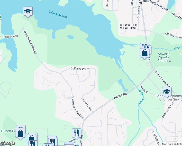 map of restaurants, bars, coffee shops, grocery stores, and more near 4124 Mulligan Lane Northwest in Acworth
