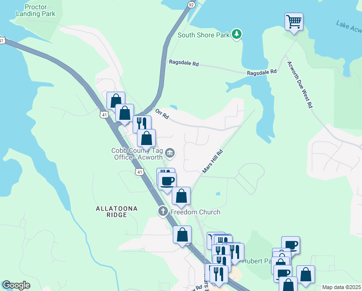 map of restaurants, bars, coffee shops, grocery stores, and more near 3765 Clear Lake Way Northwest in Acworth
