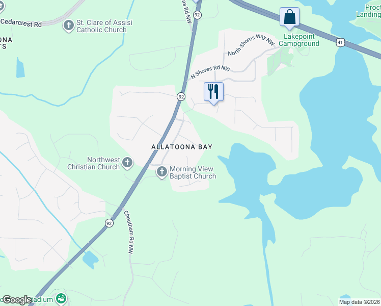 map of restaurants, bars, coffee shops, grocery stores, and more near 3712 Bayside Cove in Acworth