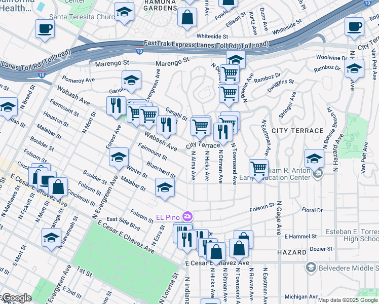 map of restaurants, bars, coffee shops, grocery stores, and more near 3200 City Terrace Drive in Los Angeles