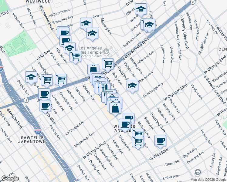map of restaurants, bars, coffee shops, grocery stores, and more near 1931 Malcolm Avenue in Los Angeles