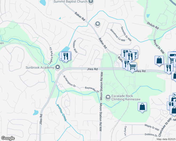map of restaurants, bars, coffee shops, grocery stores, and more near 3989 Paloverde Drive in Kennesaw