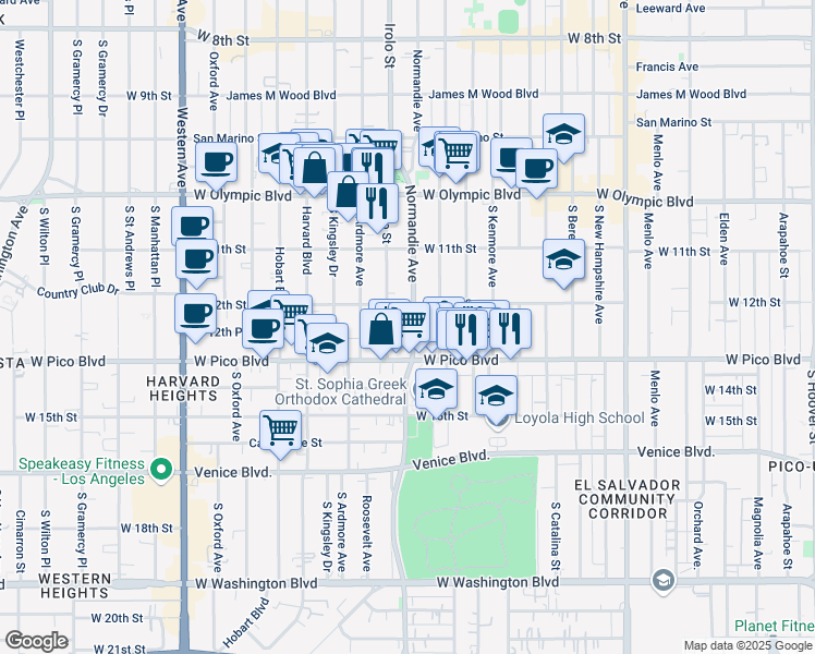 map of restaurants, bars, coffee shops, grocery stores, and more near 1214 Irolo Street in Los Angeles