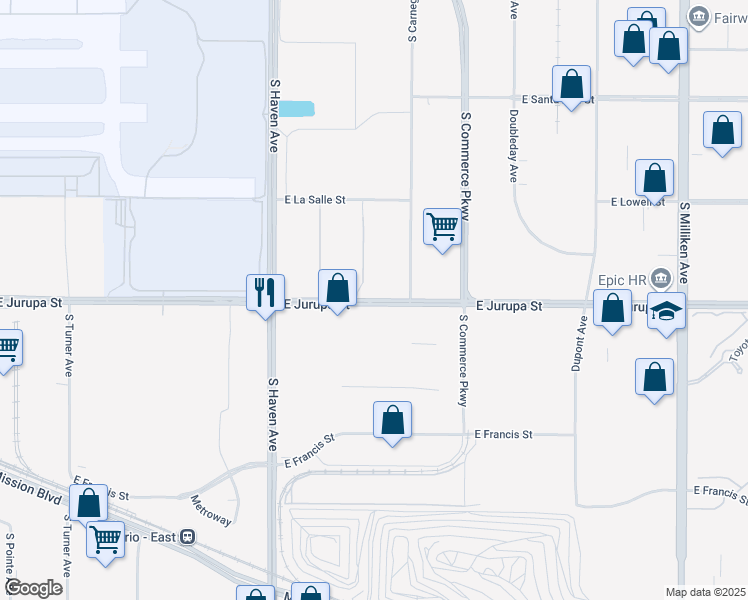 map of restaurants, bars, coffee shops, grocery stores, and more near 3623 East Jurupa Street in Ontario