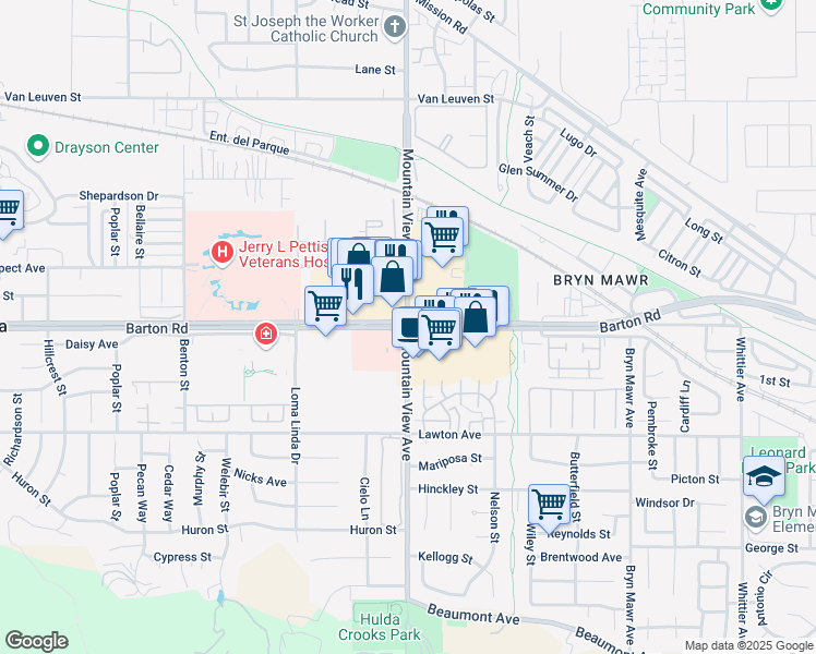 map of restaurants, bars, coffee shops, grocery stores, and more near Barton Rd & Mountain View Ave in Loma Linda