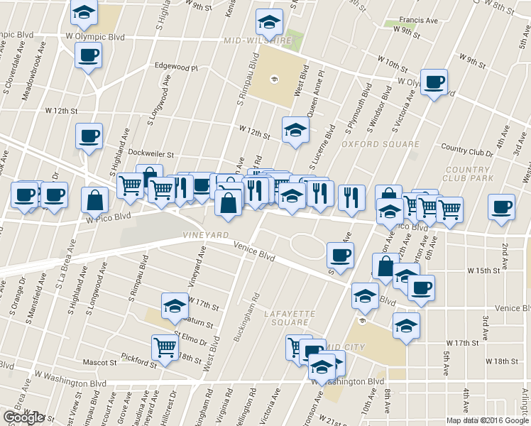 map of restaurants, bars, coffee shops, grocery stores, and more near 1310 West Blvd in Los Angeles