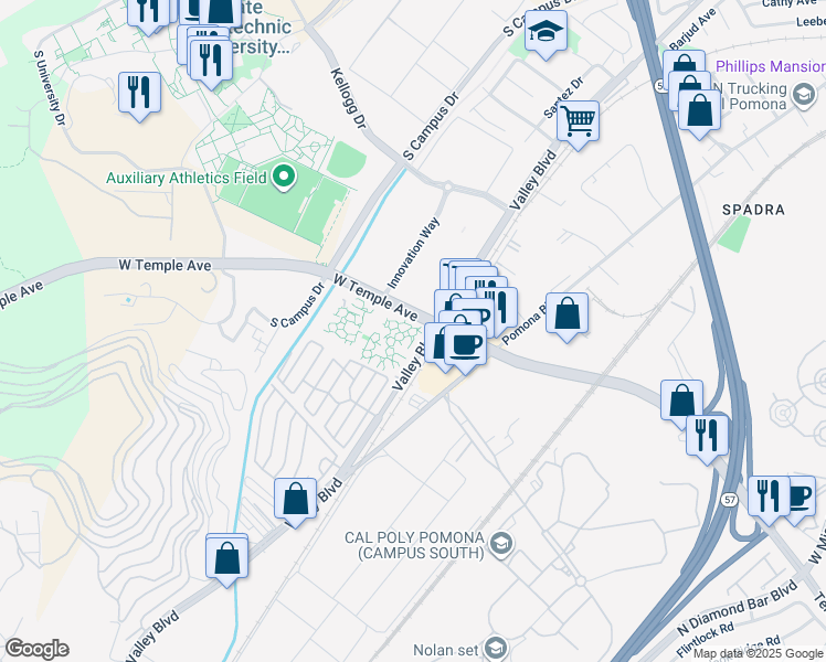 map of restaurants, bars, coffee shops, grocery stores, and more near 248 Poly Vista in Pomona