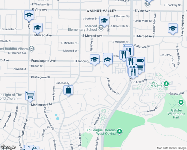 map of restaurants, bars, coffee shops, grocery stores, and more near 17050 Alwood Street in West Covina