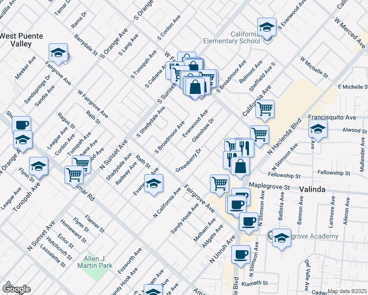 map of restaurants, bars, coffee shops, grocery stores, and more near 1309 Glenshaw Drive in La Puente