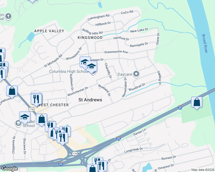 map of restaurants, bars, coffee shops, grocery stores, and more near 1805 Chandler Avenue in Columbia