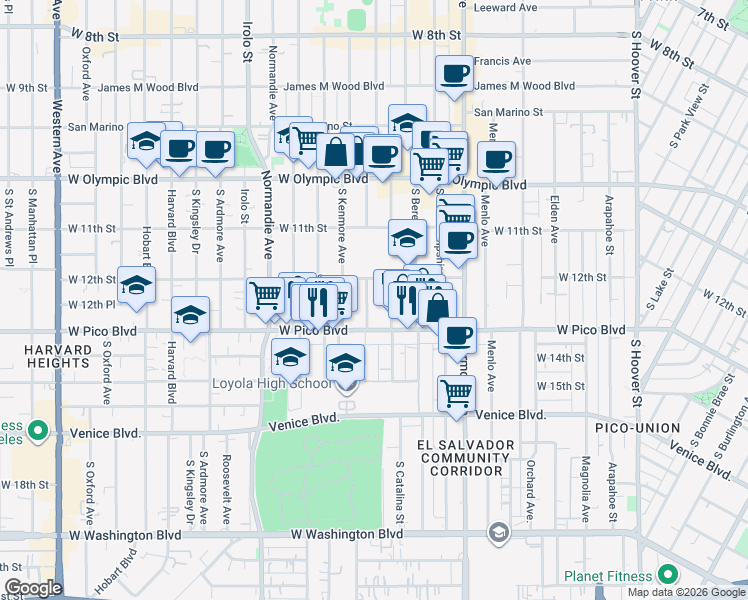 map of restaurants, bars, coffee shops, grocery stores, and more near 1224 Dewey Avenue in Los Angeles