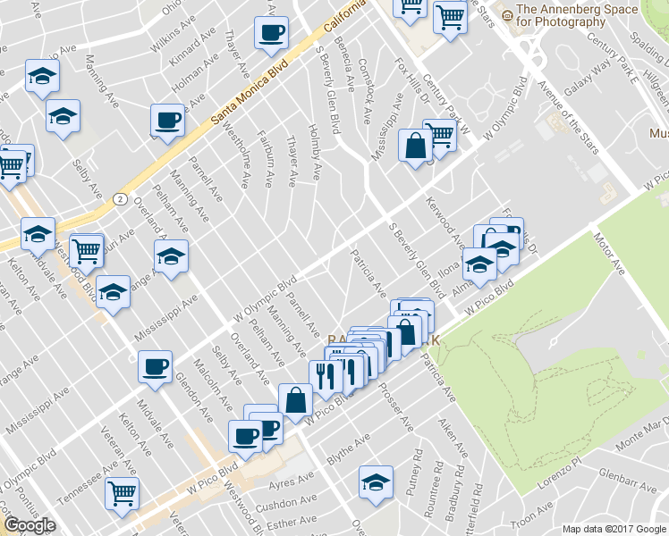 map of restaurants, bars, coffee shops, grocery stores, and more near 10562 Louisiana Avenue in Los Angeles