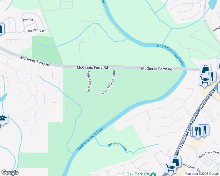map of restaurants, bars, coffee shops, grocery stores, and more near 8545 River Walk Landing in Suwanee