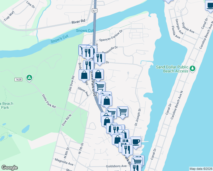 map of restaurants, bars, coffee shops, grocery stores, and more near 407 Risley Road in Carolina Beach