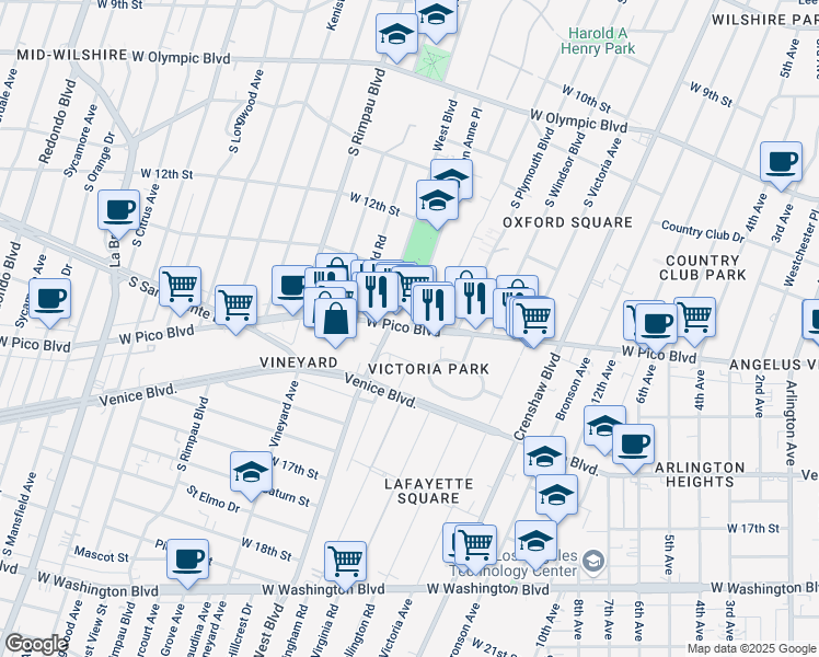 map of restaurants, bars, coffee shops, grocery stores, and more near W Pico Blvd & Queen Anne Pl in Los Angeles