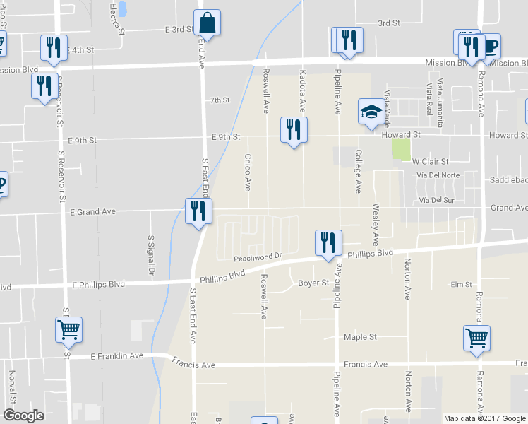 map of restaurants, bars, coffee shops, grocery stores, and more near 3888 Hampton Drive in Pomona