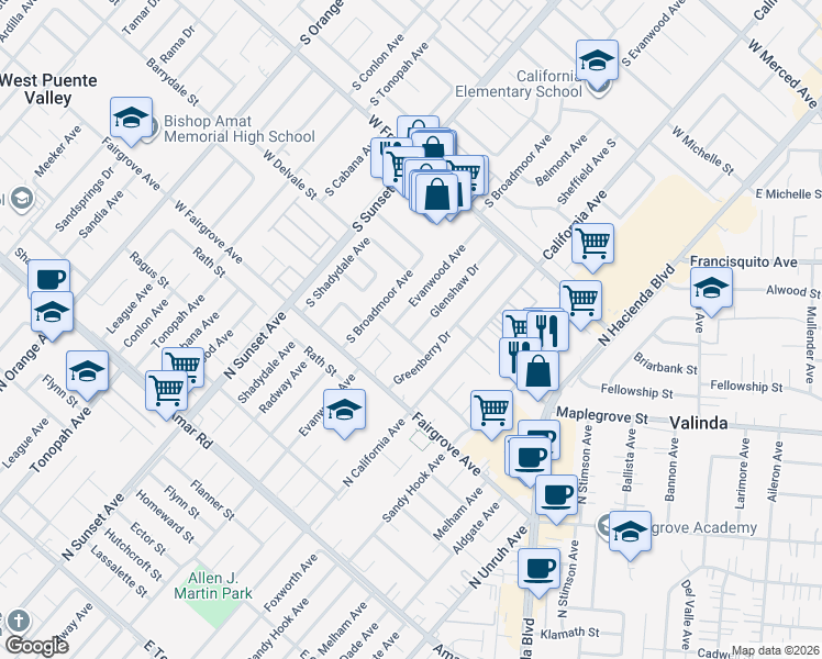 map of restaurants, bars, coffee shops, grocery stores, and more near 1309 Glenshaw Drive in La Puente