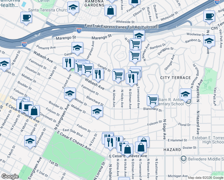 map of restaurants, bars, coffee shops, grocery stores, and more near 3200 City Terrace Drive in Los Angeles