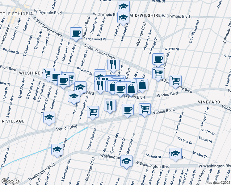 map of restaurants, bars, coffee shops, grocery stores, and more near 5121 West Pico Boulevard in Los Angeles