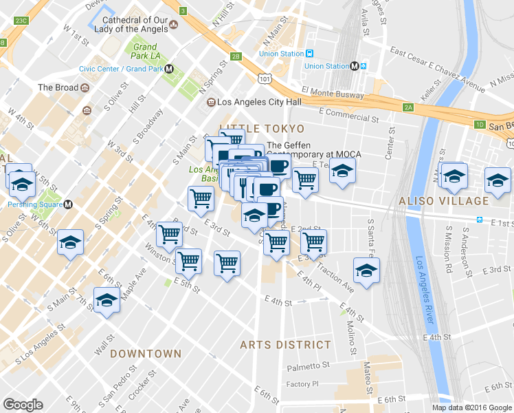 map of restaurants, bars, coffee shops, grocery stores, and more near 371 East 2nd Street in Los Angeles