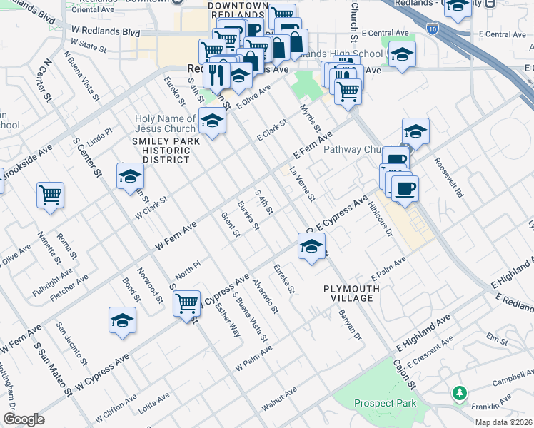 map of restaurants, bars, coffee shops, grocery stores, and more near 20 West Home Place in Redlands
