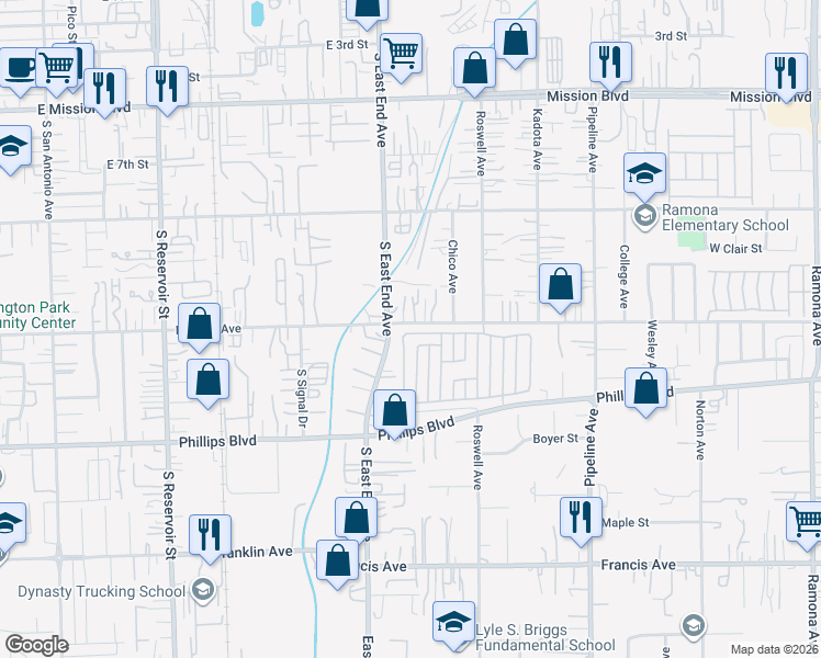 map of restaurants, bars, coffee shops, grocery stores, and more near 3768 Hampton Drive in Pomona