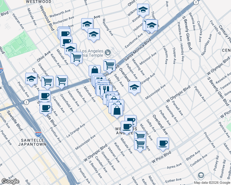 map of restaurants, bars, coffee shops, grocery stores, and more near 1940 Malcolm Avenue in Los Angeles