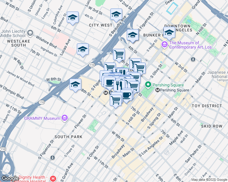 map of restaurants, bars, coffee shops, grocery stores, and more near 630 South Hope Street in Los Angeles