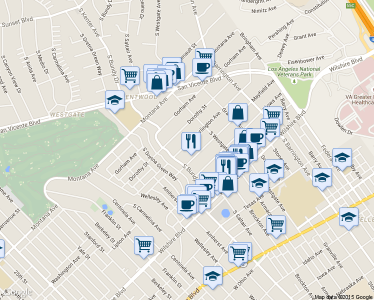 map of restaurants, bars, coffee shops, grocery stores, and more near 11970 Darlington Avenue in Los Angeles